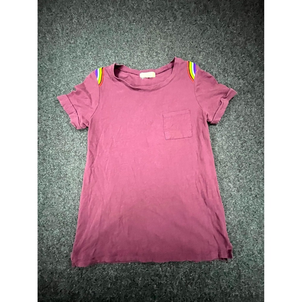 Glitz Pocket T Shirt Women Small Burgundy Rainbow Stripe Cuffed Sleeve Side Slit